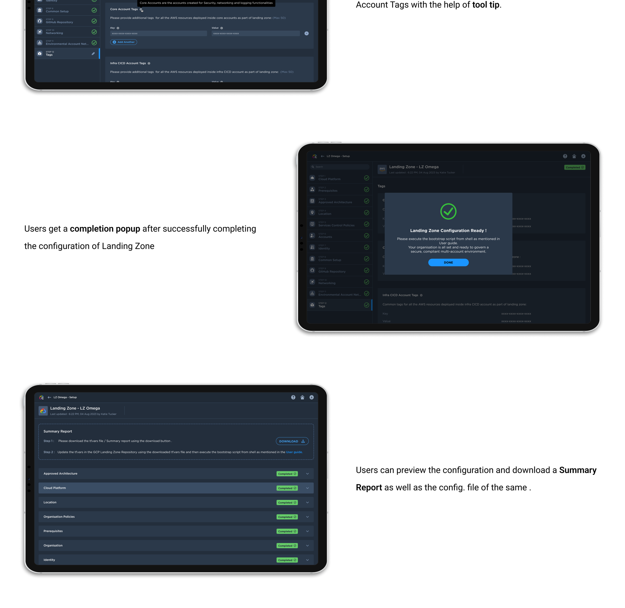 Landing Zone, Configuration and summary UI designs, part 2 of 2