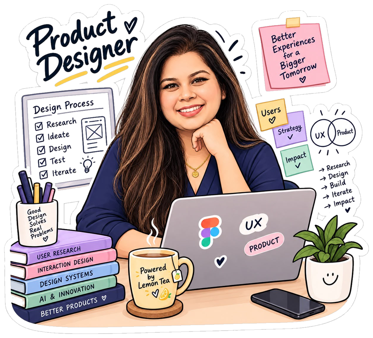 Illustration of Aishwarya at her product-design desk