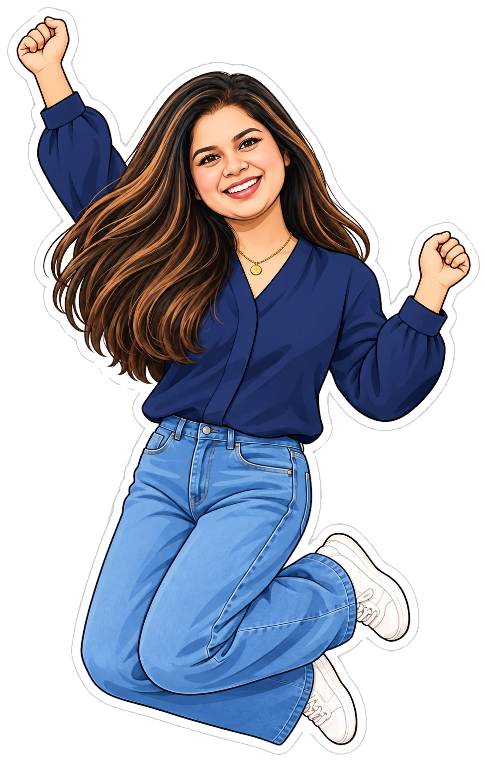 Illustration of Aishwarya, mid-celebration, floating on a cloud