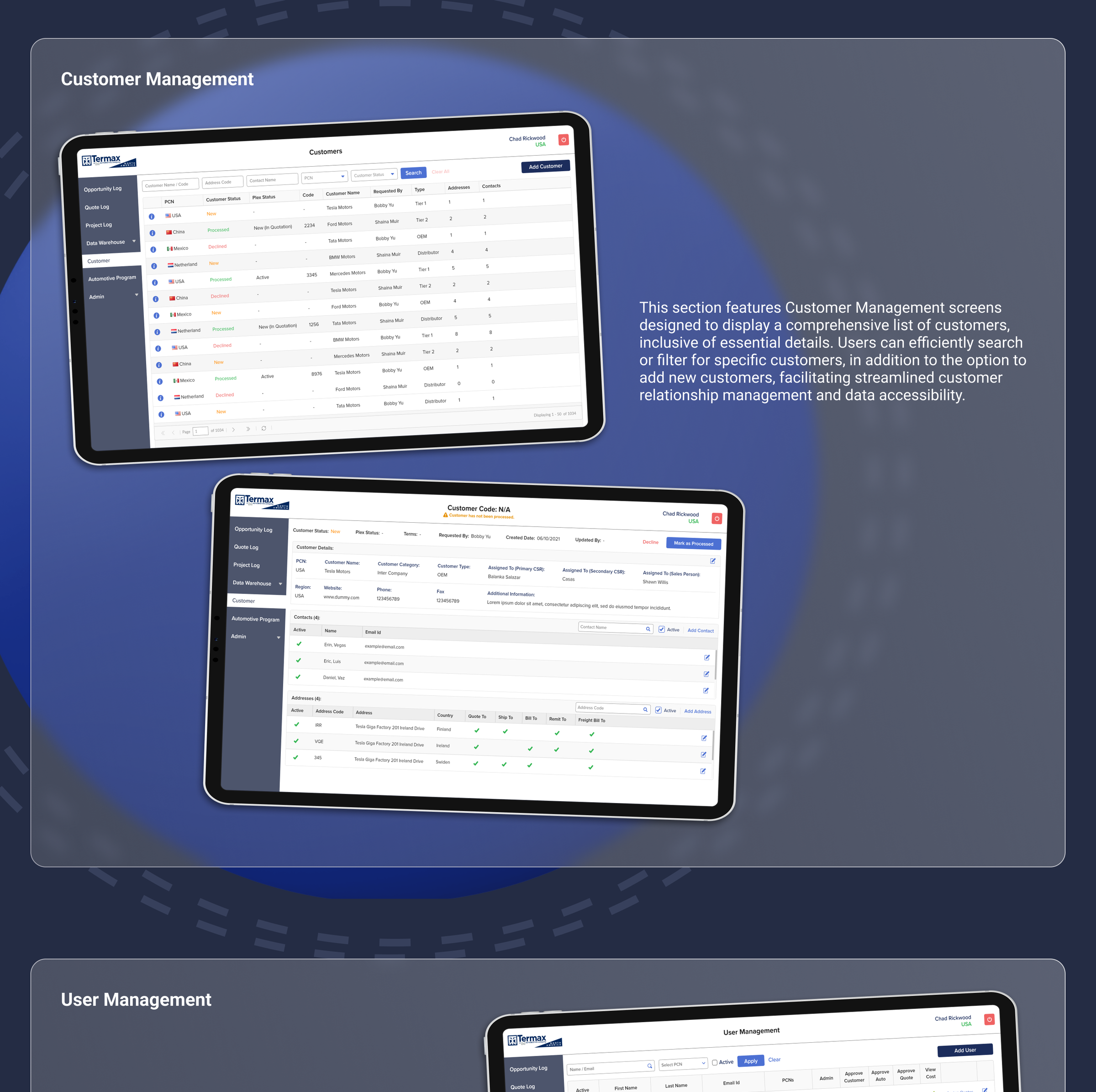 Termax CRM, User and customer management designs, part 1 of 2